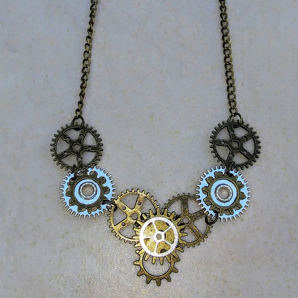 🆕 Steampunk Style Gear Necklace mixed metals 28"